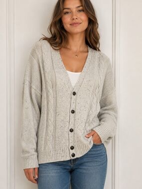 Relaxed V-Neck Cable Cardigan Wool Blend Cream Sweater